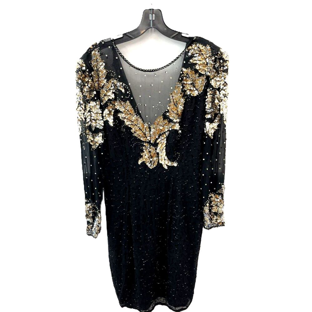 NiteLine Black Silk Dress with Gold and Silver Sequin Embellishments - Size 6